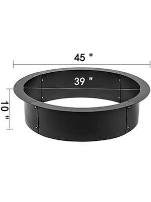 VEVOR fire pit ring, 45" outer, 39" inner diameter, 10" height, black finish.