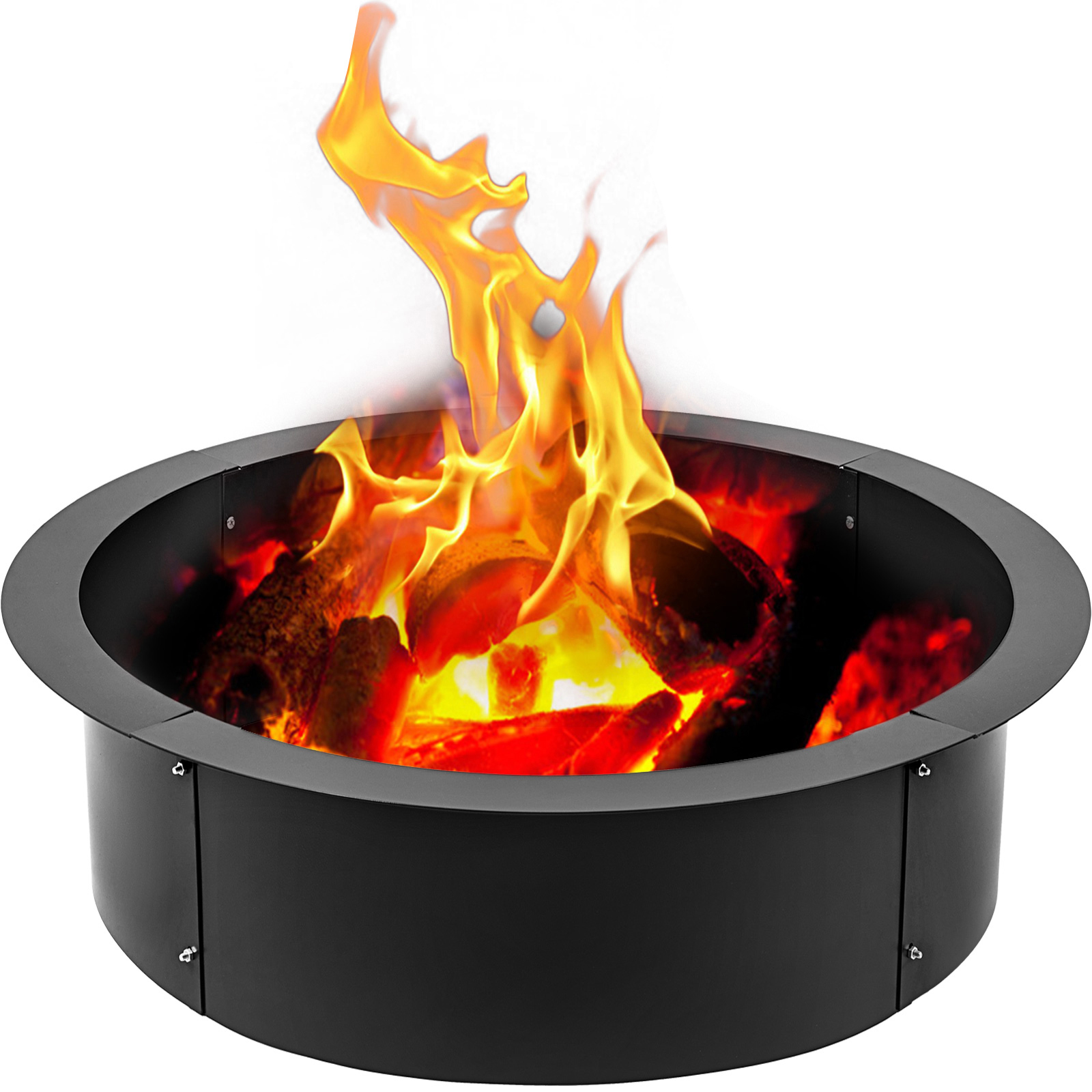 VEVOR fire pit ring with blazing fire and logs inside a sturdy black metal ring.