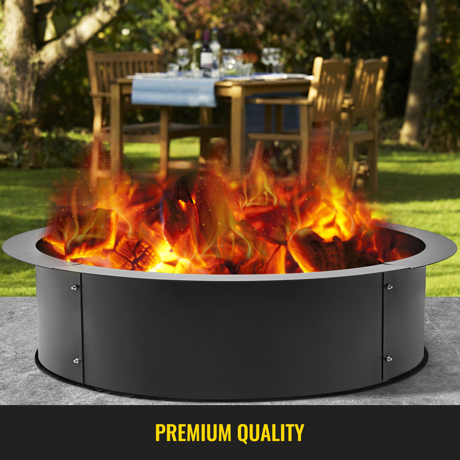 VEVOR fire pit ring with vibrant flames, in a backyard setting near a dining table.
