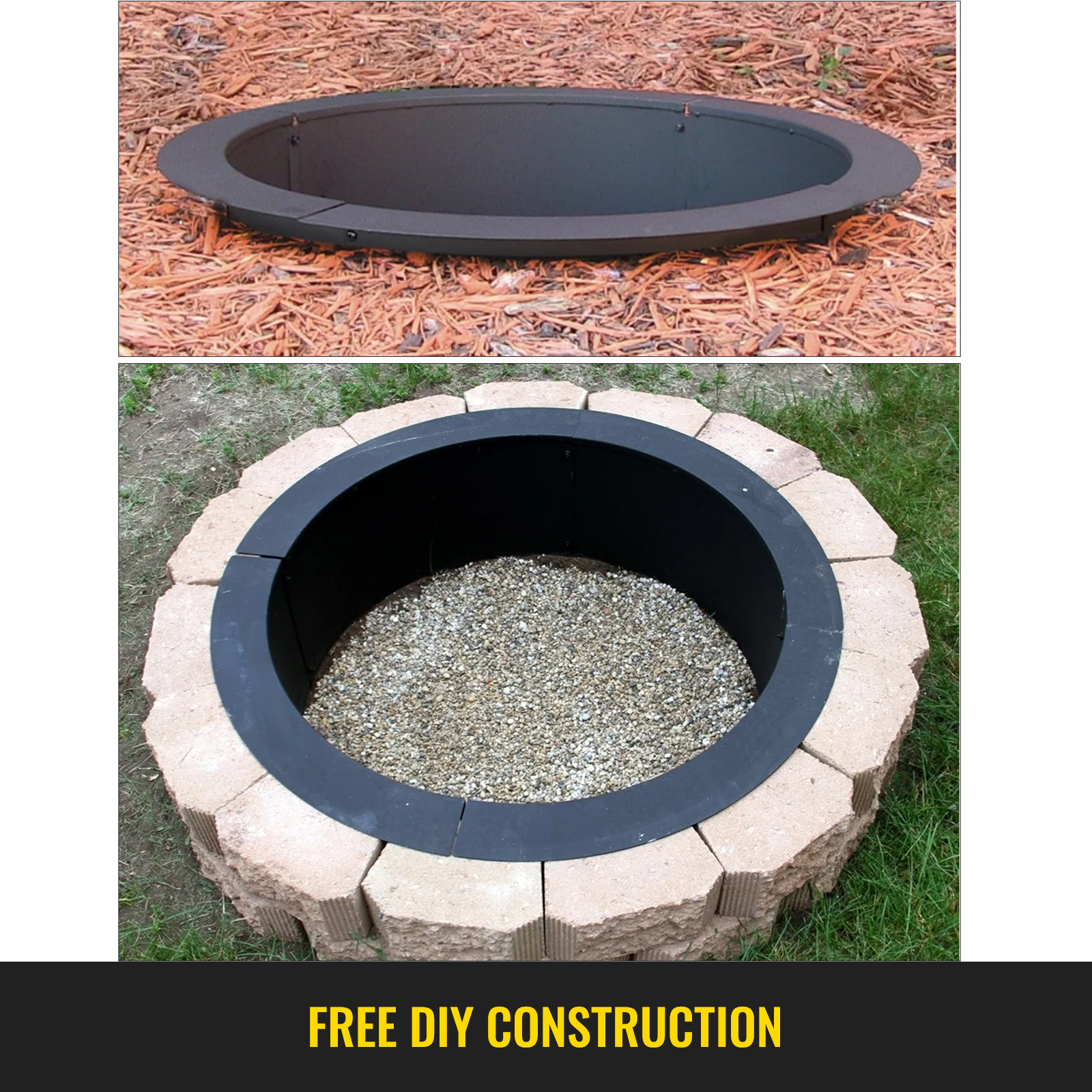 VEVOR fire pit ring installed on mulch and gravel with stone border, free diy construction.