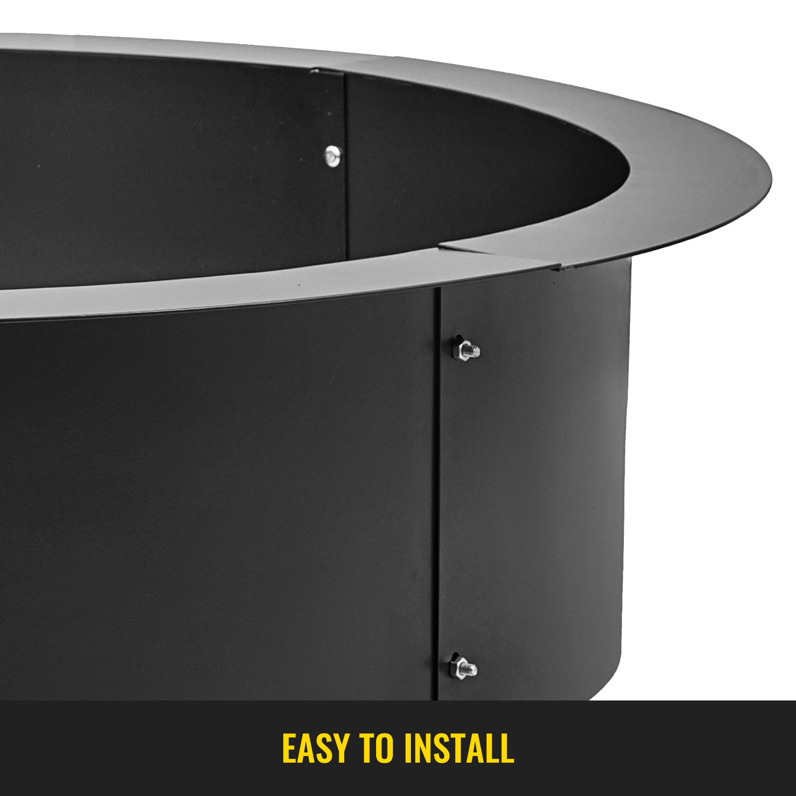 close-up of VEVOR fire pit ring with bolts and label "easy to install" at bottom.