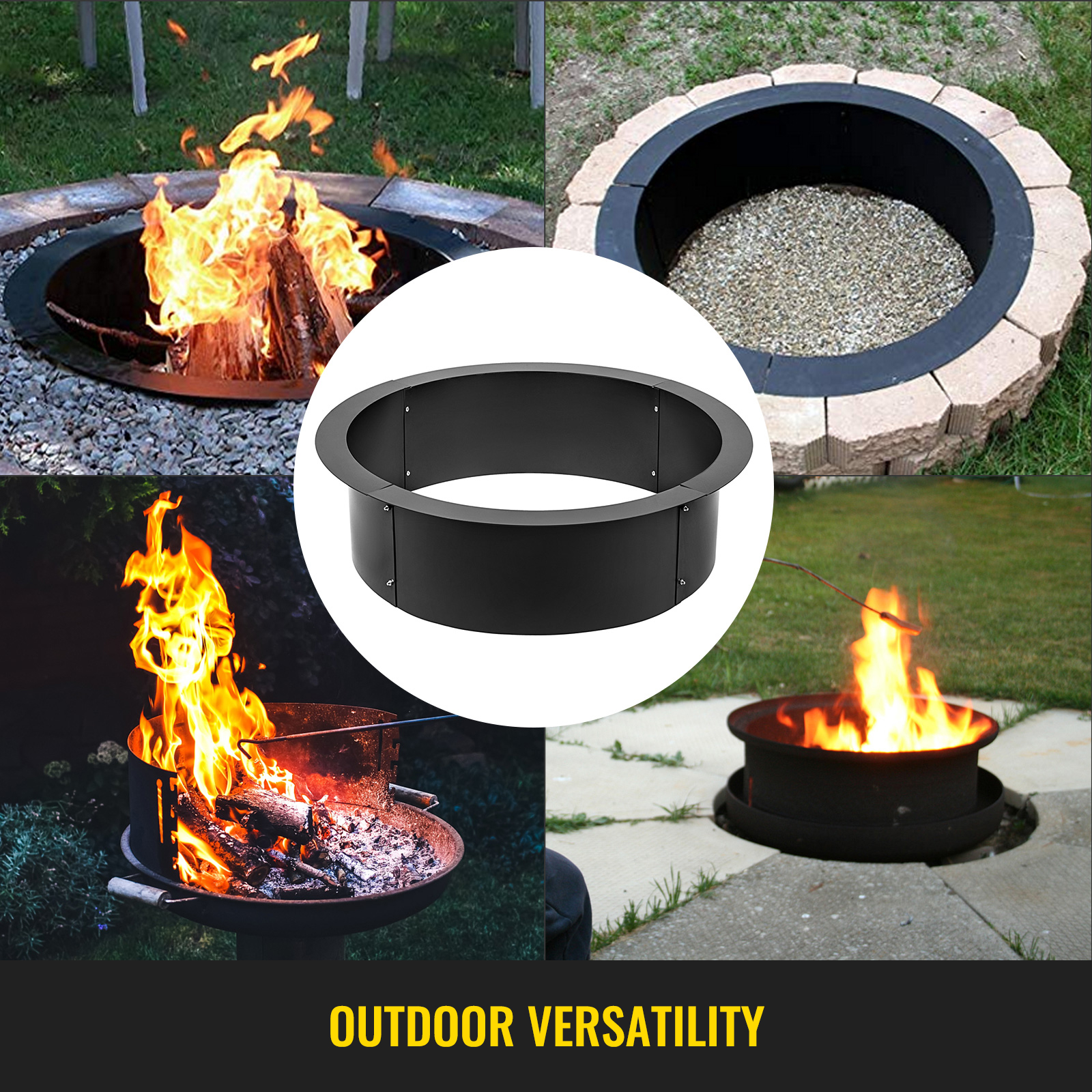 VEVOR fire pit ring in various outdoor settings showcasing versatility.