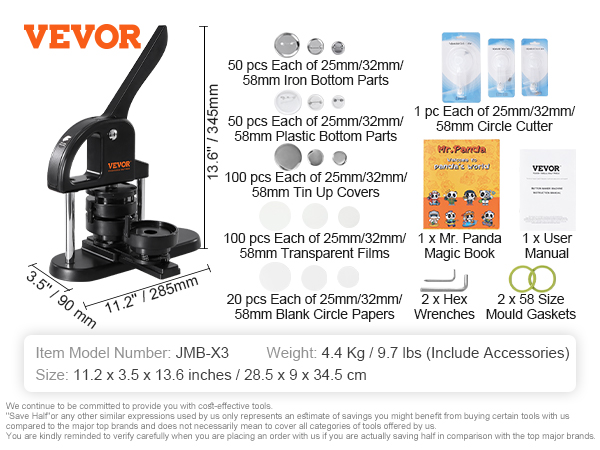 VEVOR button maker with multiple size components, circle cutters, hex wrenches, and user manual.