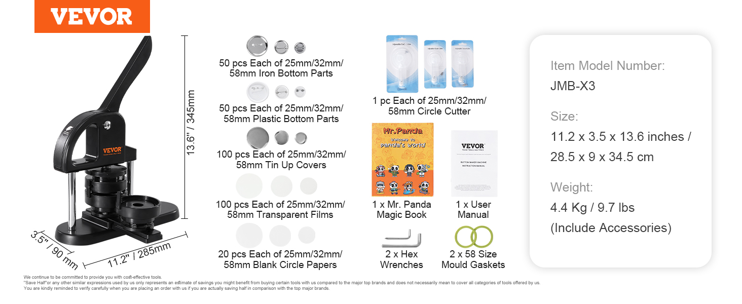 VEVOR button maker with multiple size components, circle cutters, hex wrenches, and user manual.