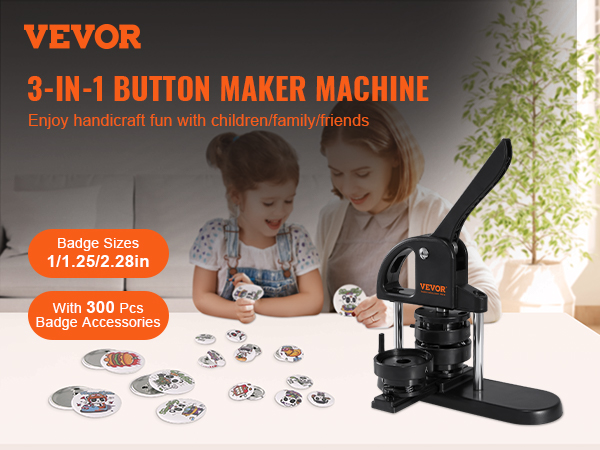 VEVOR button maker 3-in-1 machine with 300 pcs badge accessories for kids and family fun activities.