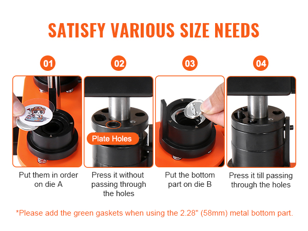 VEVOR button maker instructions: assemble parts on die a, press, add back on die b, press again.