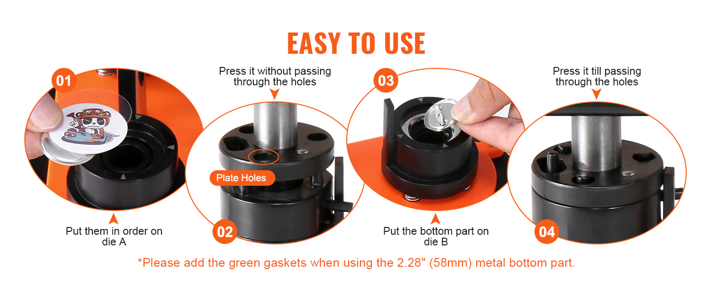 VEVOR button maker instructions: assemble parts on die a, press, add back on die b, press again.