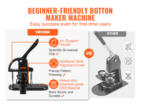 VEVOR button maker vs competitor; features include arc support handle, mold alignment scale, abs material.