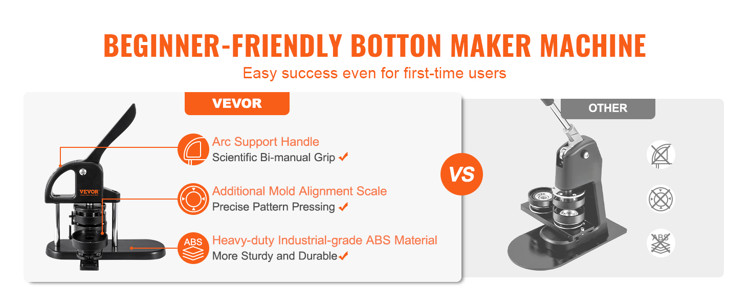 VEVOR button maker vs competitor; features include arc support handle, mold alignment scale, abs material.