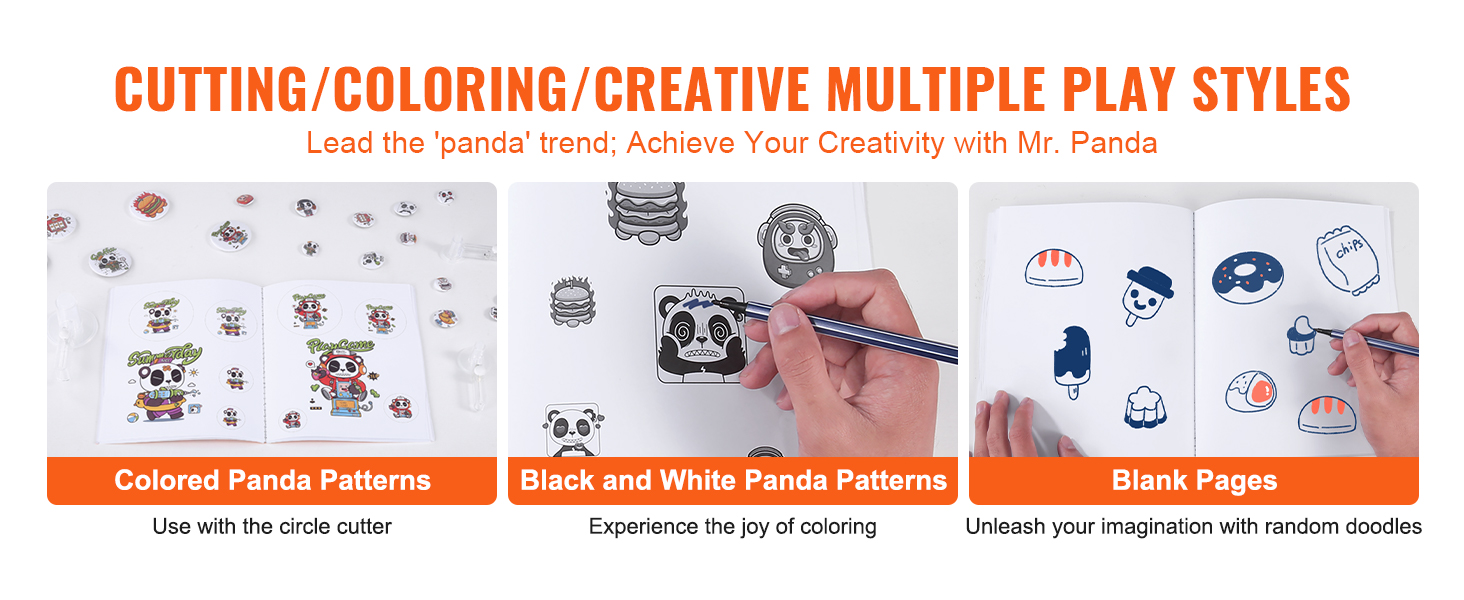 cutting, coloring, and creative panda patterns with VEVOR button maker for fun activities.