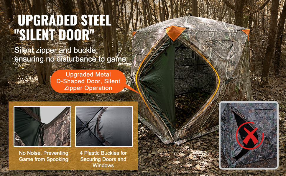VEVOR hunting blind with upgraded metal d-shaped silent door in a forest, featuring silent zipper and buckles.