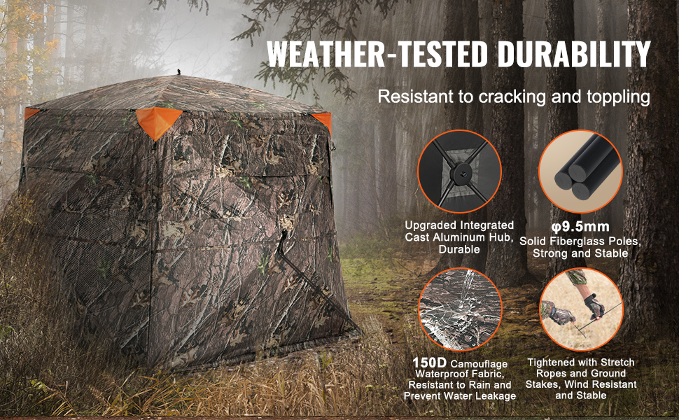 VEVOR hunting blind in a wooded area, showcasing durability, camouflage, solid fiberglass poles, and waterproof fabric.