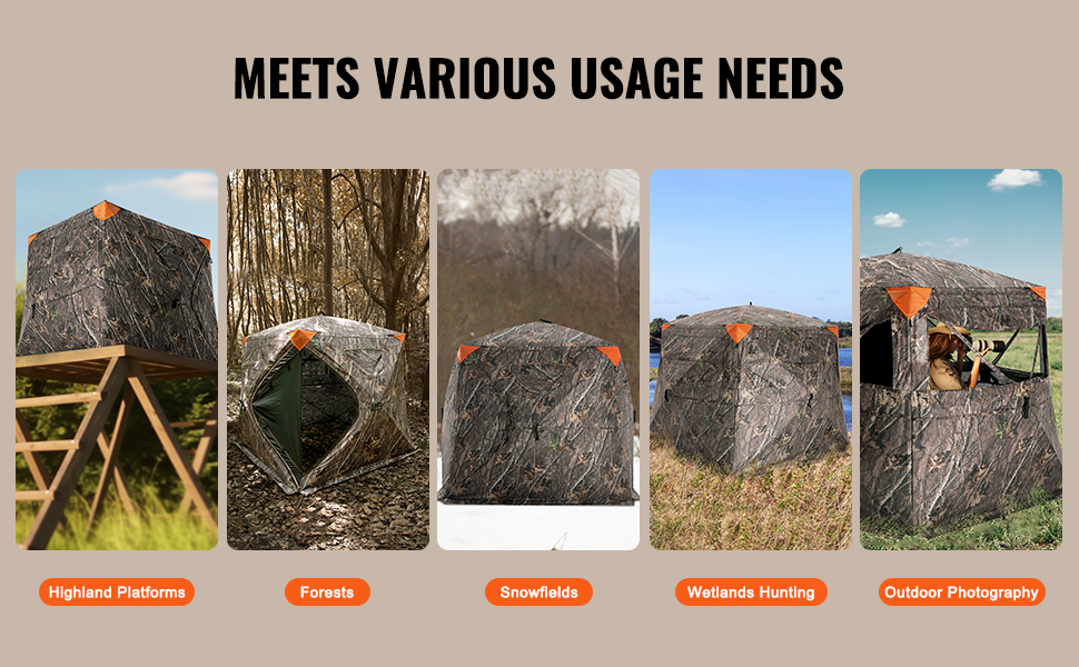VEVOR hunting blind in various environments: platforms, forests, snowfields, wetlands, and outdoor photography.