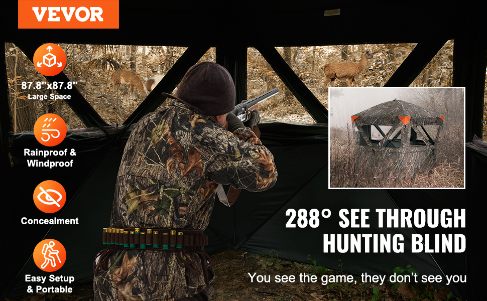 VEVOR hunting blind with 288° view, large space, rainproof, windproof, concealment, easy setup.