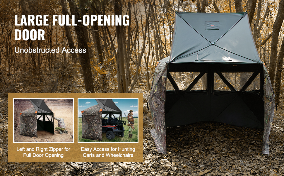 VEVOR hunting blind with large full-opening door for easy access in a wooded area.