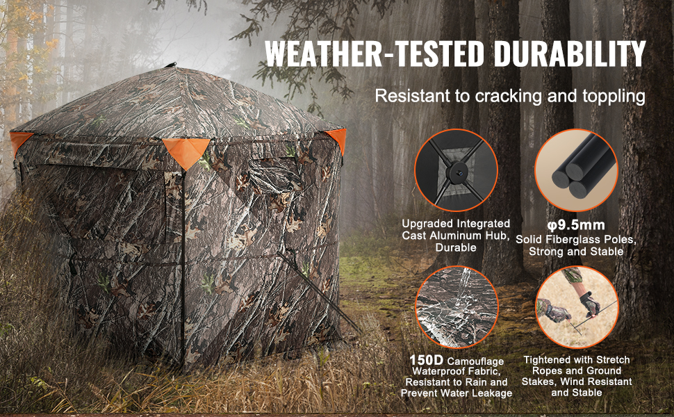 VEVOR hunting blind with 150d camouflage fabric, durable aluminum hub, and 9.5mm solid fiberglass poles.