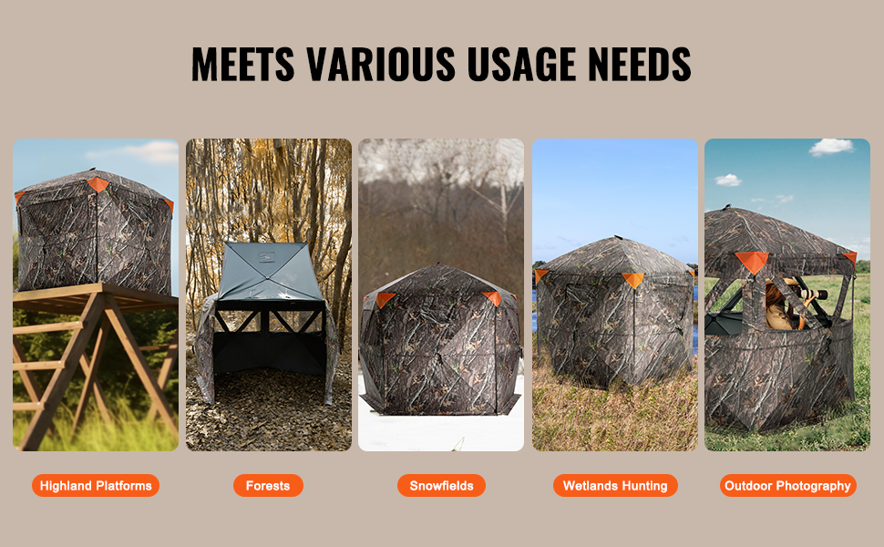 VEVOR hunting blind in various environments: highland platforms, forests, snowfields, wetlands, photography.
