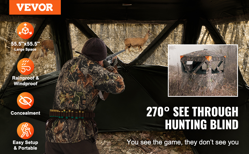 hunter inside a VEVOR hunting blind aiming at deer, showcasing 270° view, rainproof, and easy setup.