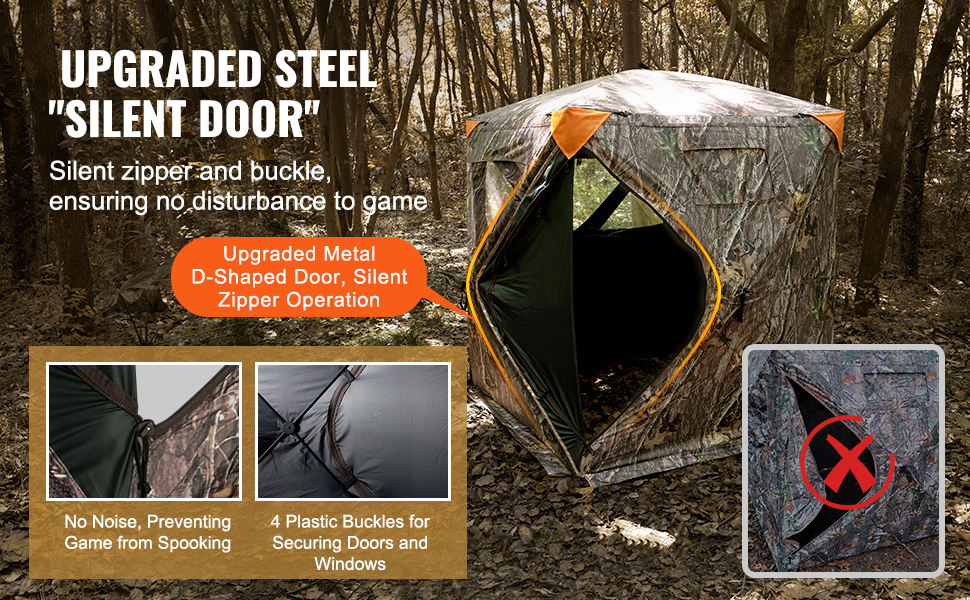 VEVOR hunting blind with upgraded steel "silent door," silent zipper, and camo design in forest setting.