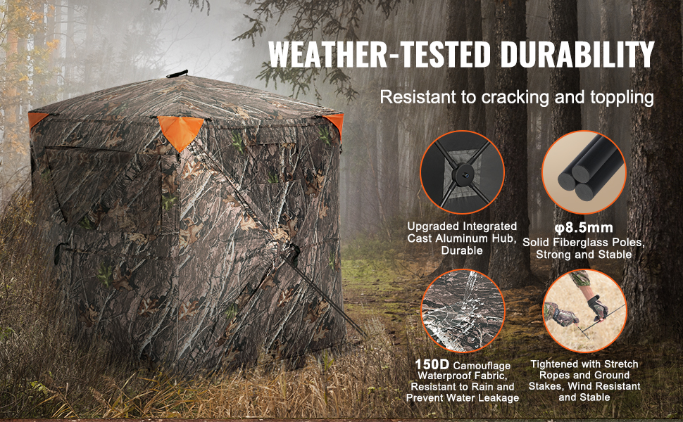 VEVOR hunting blind in forest, showcasing weather-tested durability and camouflage fabric.