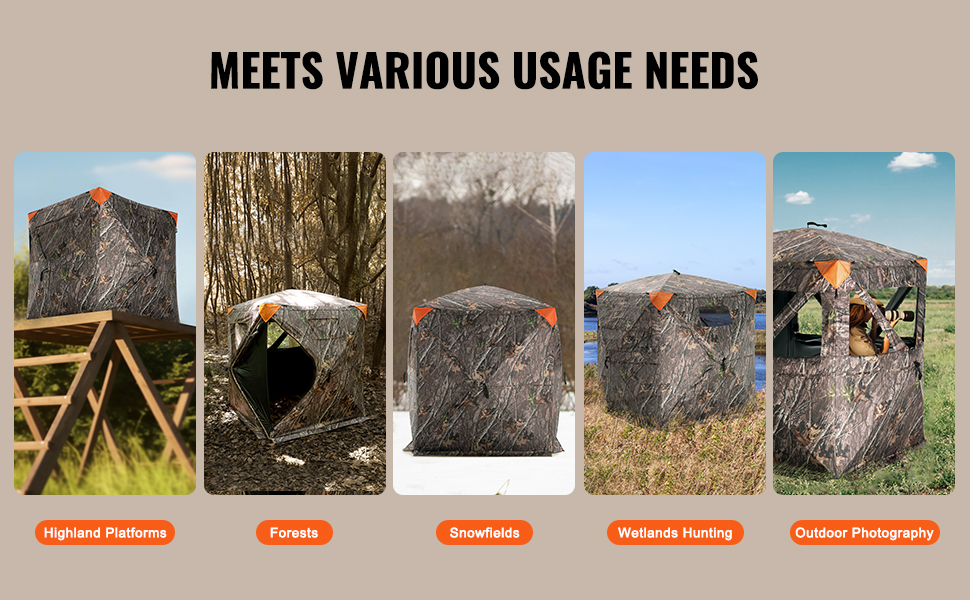 VEVOR hunting blind in various environments: platforms, forests, snowfields, wetlands, and photography.