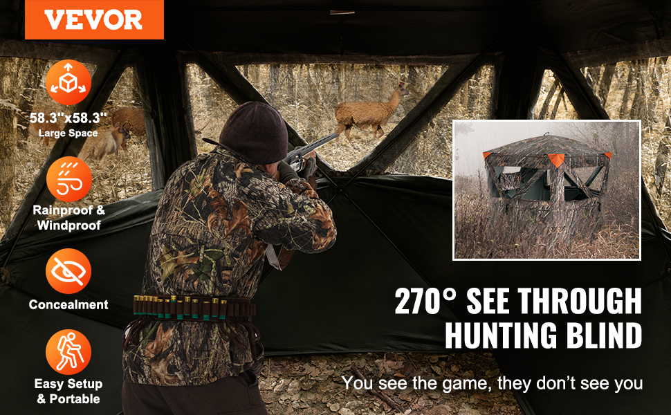 hunter aiming rifle from camouflaged VEVOR hunting blind with 270° visibility and highlighted features.
