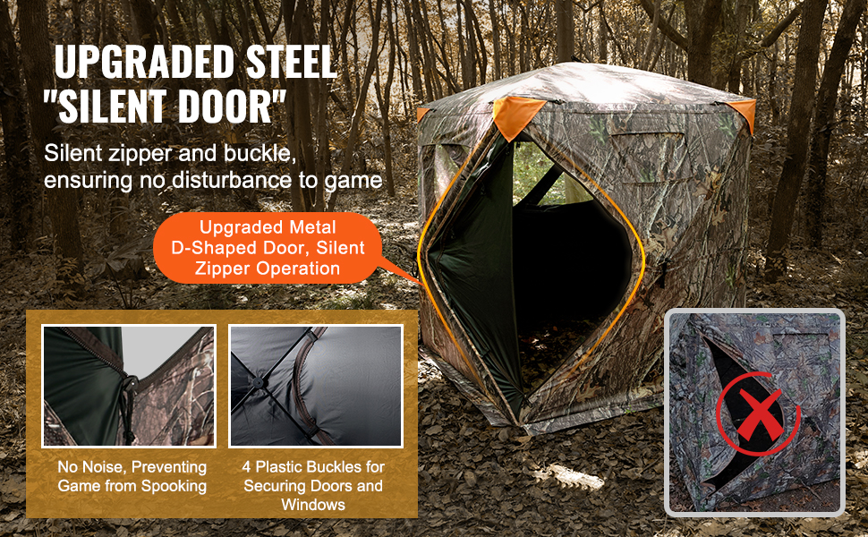 VEVOR hunting blind with upgraded silent zippers and buckles in a forest setting, camo pattern.