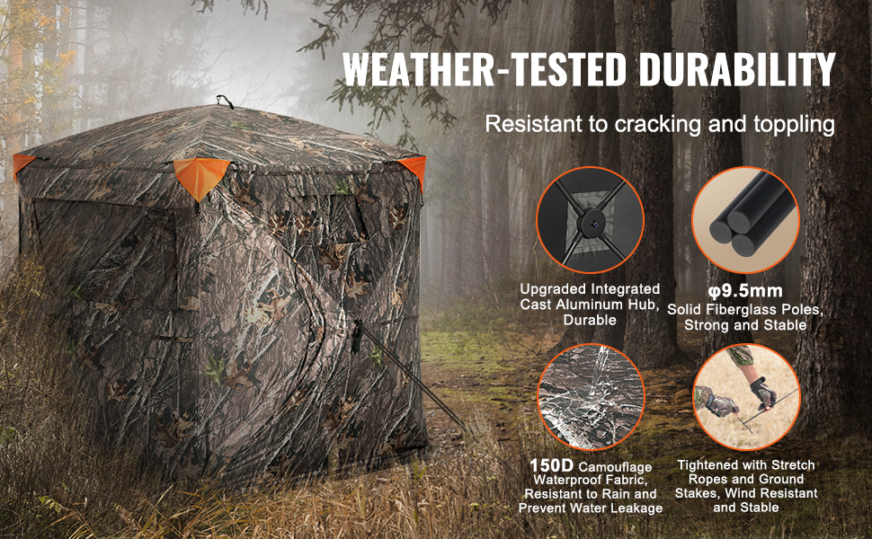 VEVOR hunting blind in a forest, camouflaged, with aluminum hub, fiberglass poles, and waterproof fabric.