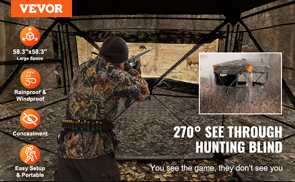 VEVOR hunting blind with 270° view, large space, and camo design for rainproof and windproof concealment.