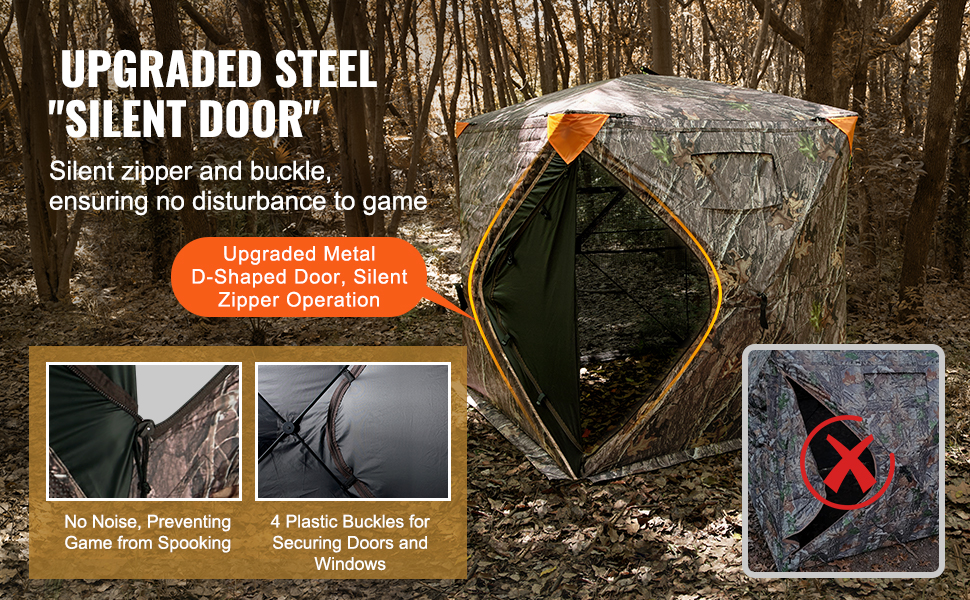 VEVOR hunting blind with steel silent door, silent zipper, and plastic buckles in a forest setting.