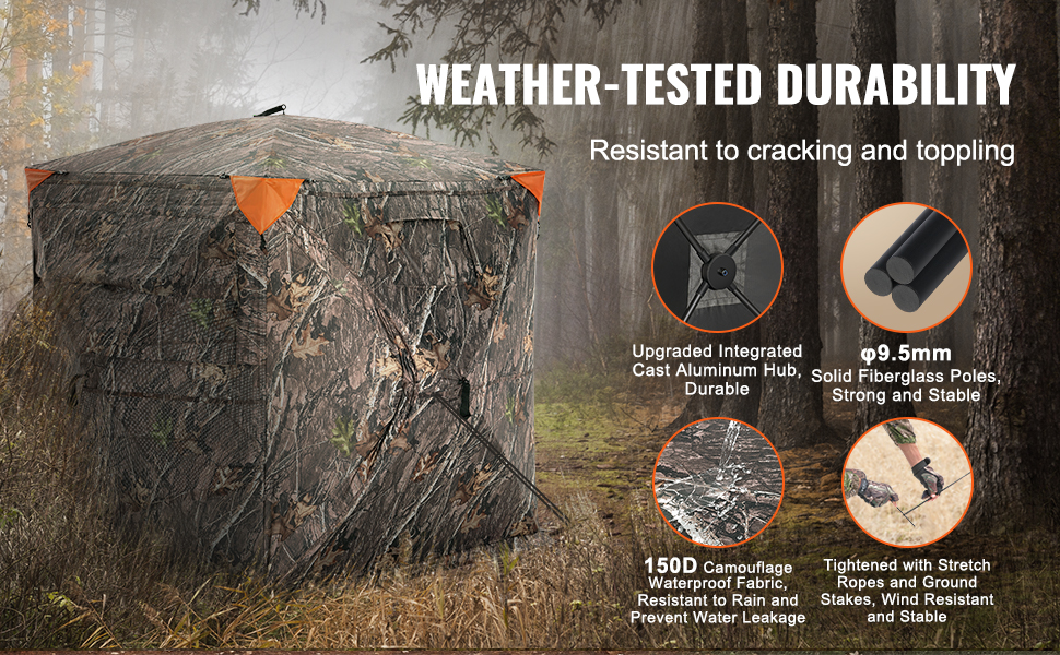 camouflaged VEVOR hunting blind with fiberglass poles and aluminum hub, durable and weather-resistant.
