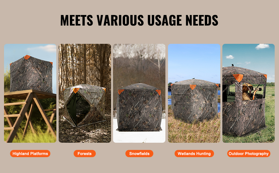 VEVOR hunting blind displayed in various environments: highland platforms, forests, snowfields, wetlands, and photography settings.