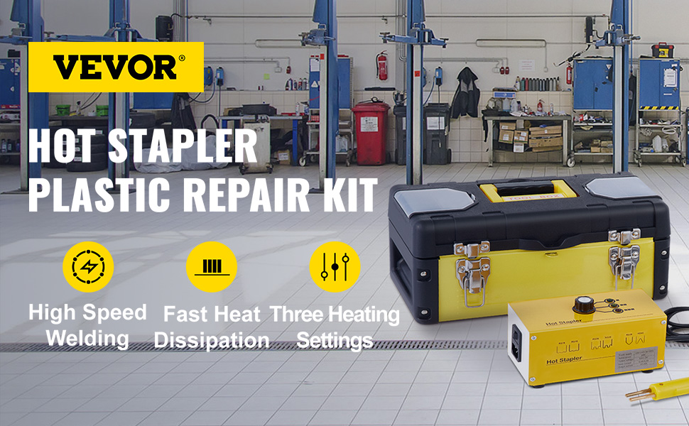 VEVOR plastic repair kit showcased in a workshop with toolbox and hot stapler.