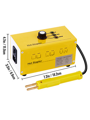 VEVOR plastic repair kit with dimensions and yellow hot stapler unit.