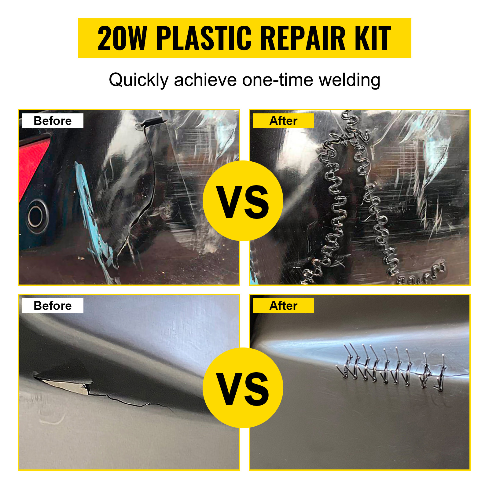 20w VEVOR plastic repair kit showcasing before and after welding results.