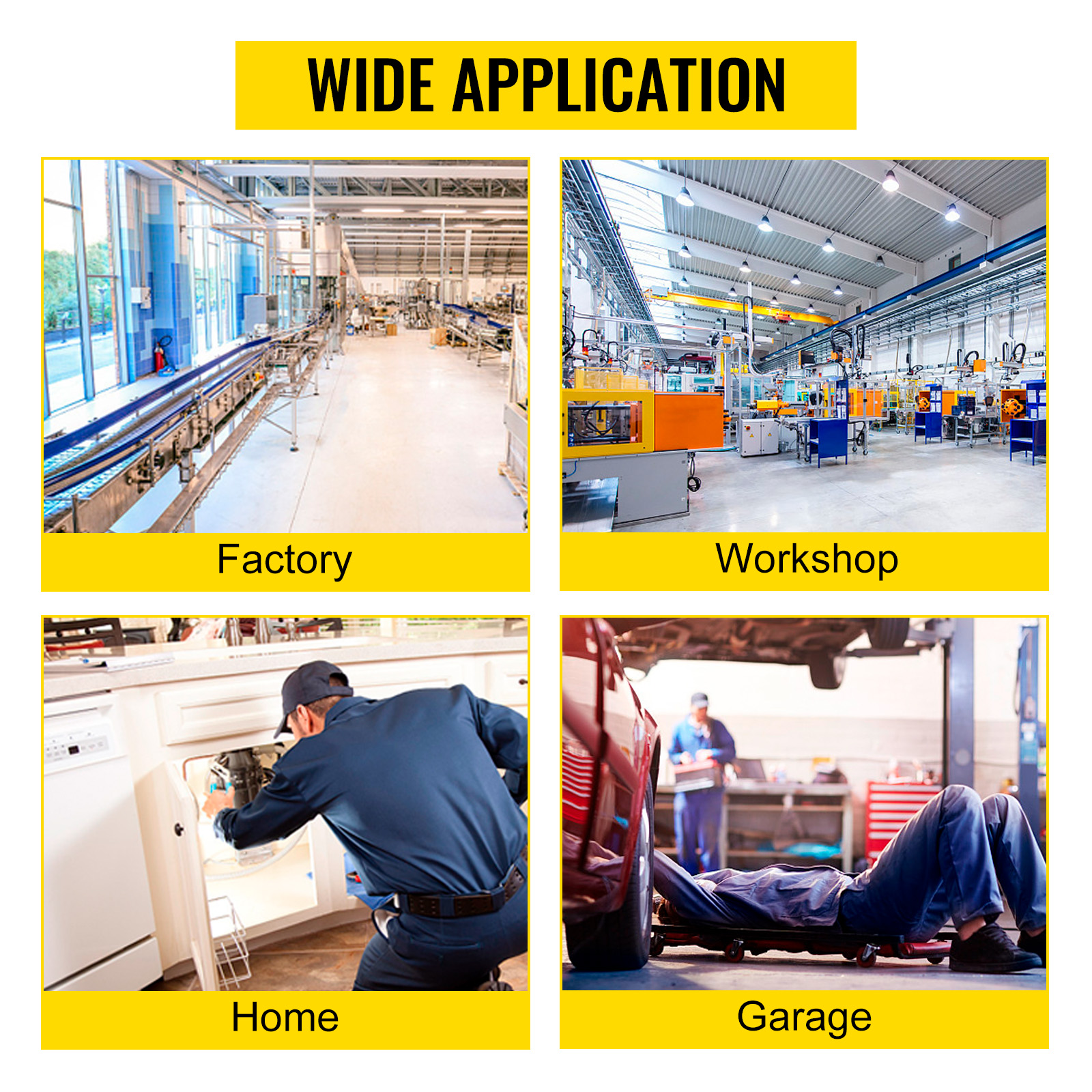 VEVOR plastic repair kit uses: factory, workshop, home, garage.