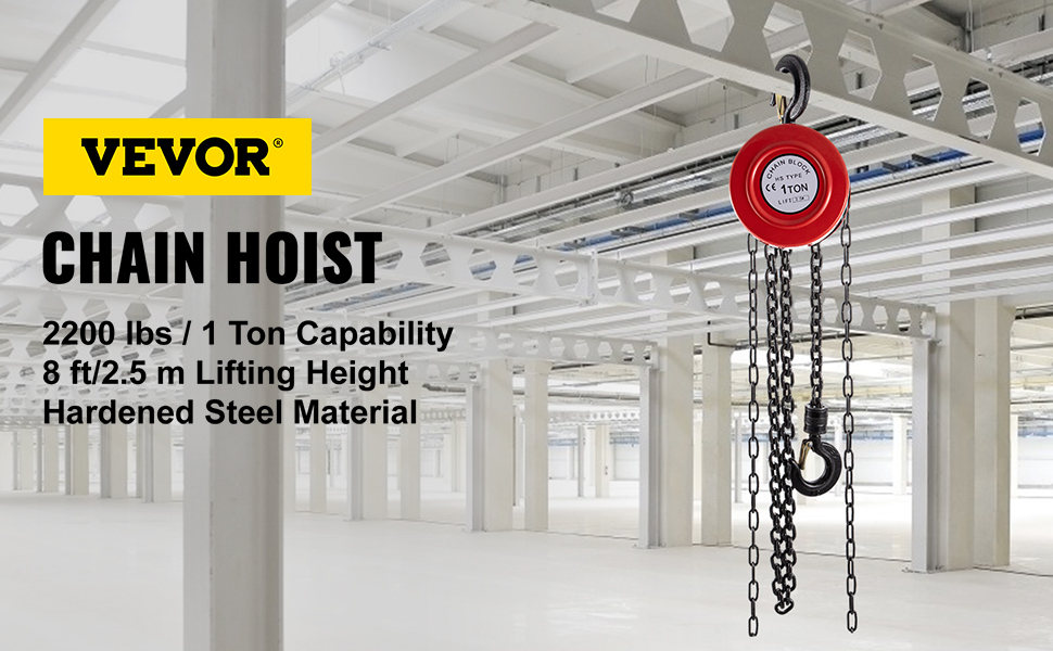 VEVOR hand chain hoist in a modern industrial setting with 1-ton capacity and 8 ft lift.