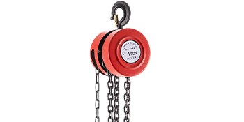 red VEVOR hand chain hoist with black hook and hanging chains.
