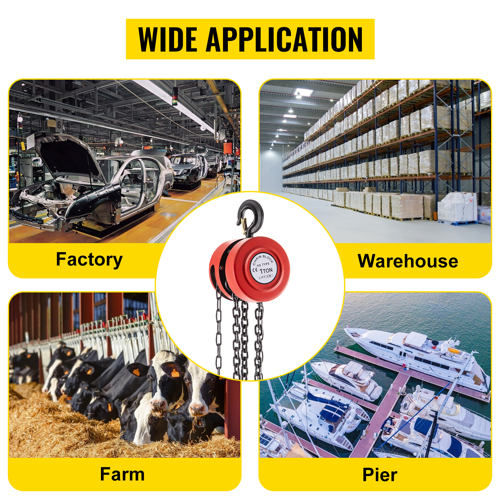 VEVOR hand chain hoist for factory, warehouse, farm, and pier use.