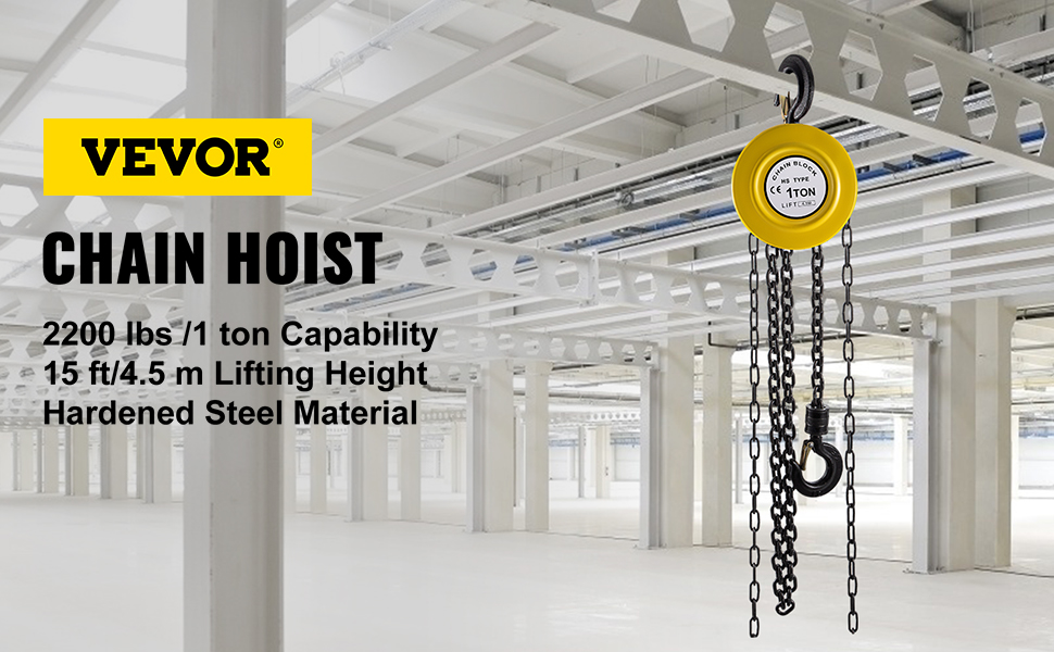 VEVOR hand chain hoist, 2200 lbs capacity, 15 ft lift, hardened steel, industrial setting.