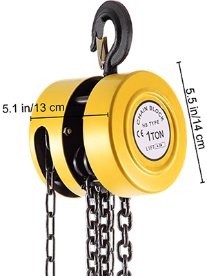 yellow VEVOR hand chain hoist, 1-ton capacity, with dimensions marked.