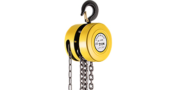 yellow VEVOR hand chain hoist with a black hook and hanging chains.