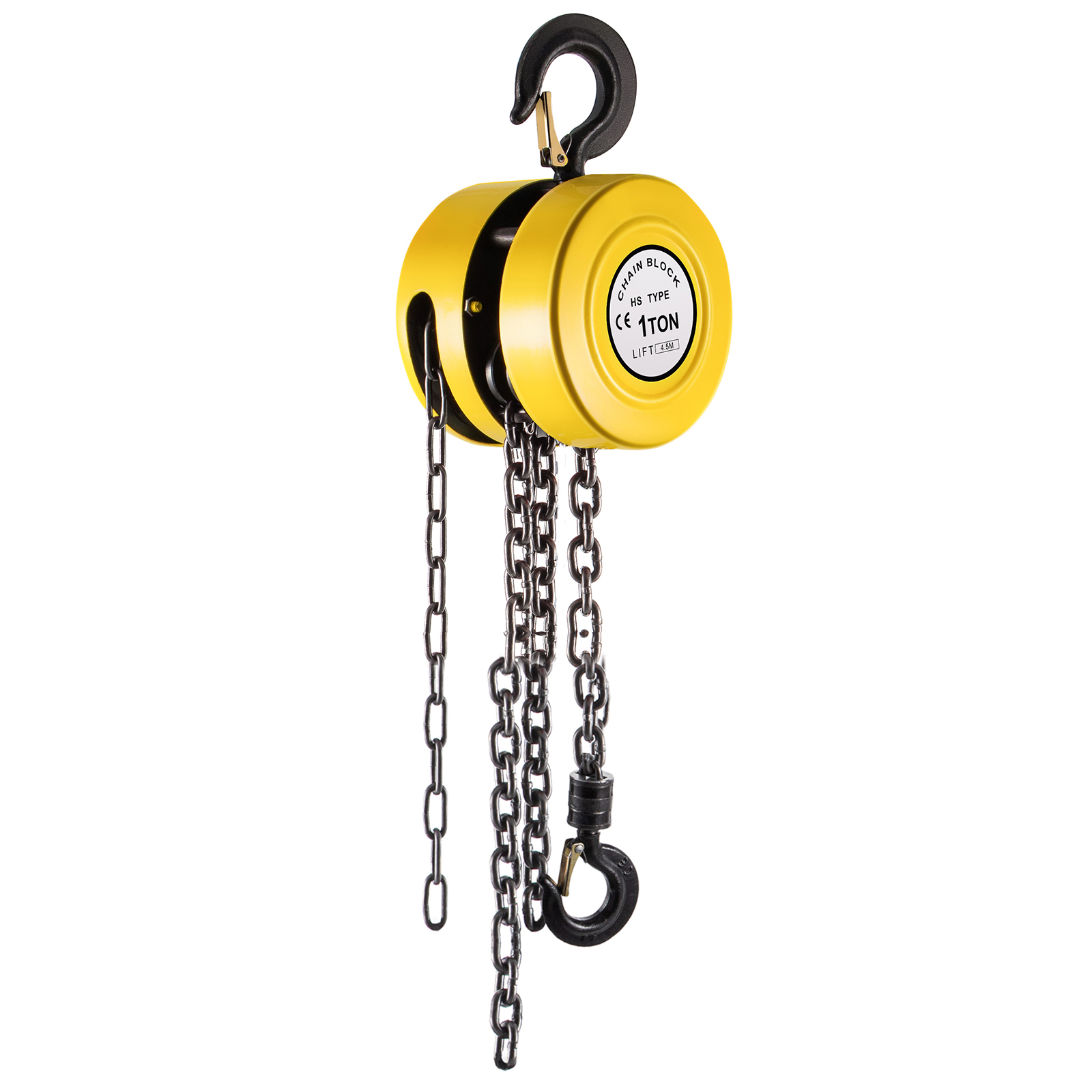 yellow VEVOR hand chain hoist with black hooks and chains.