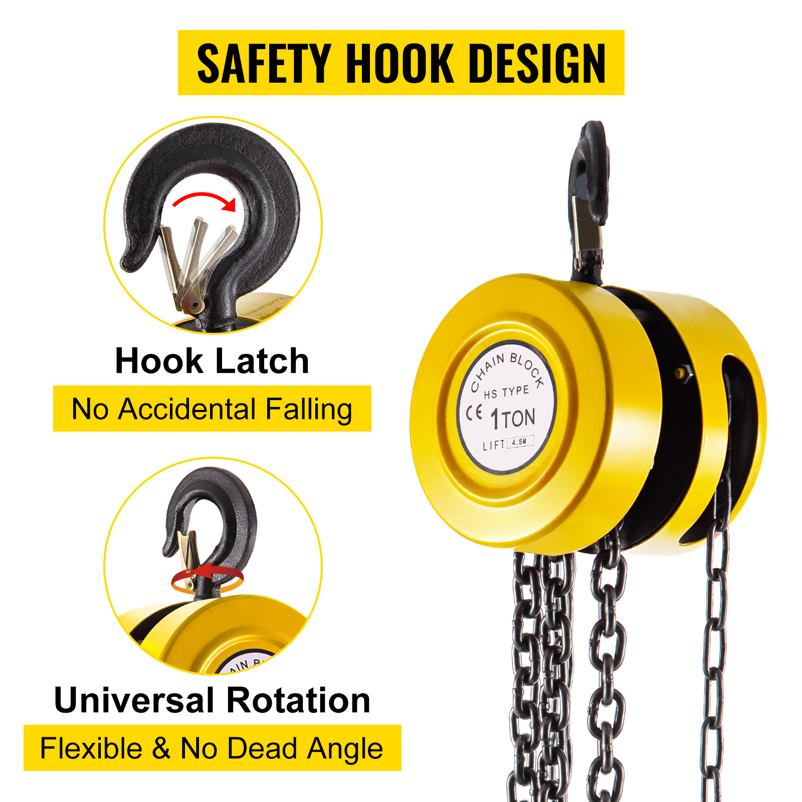 VEVOR hand chain hoist with safety hook design, hook latch, and universal rotation.