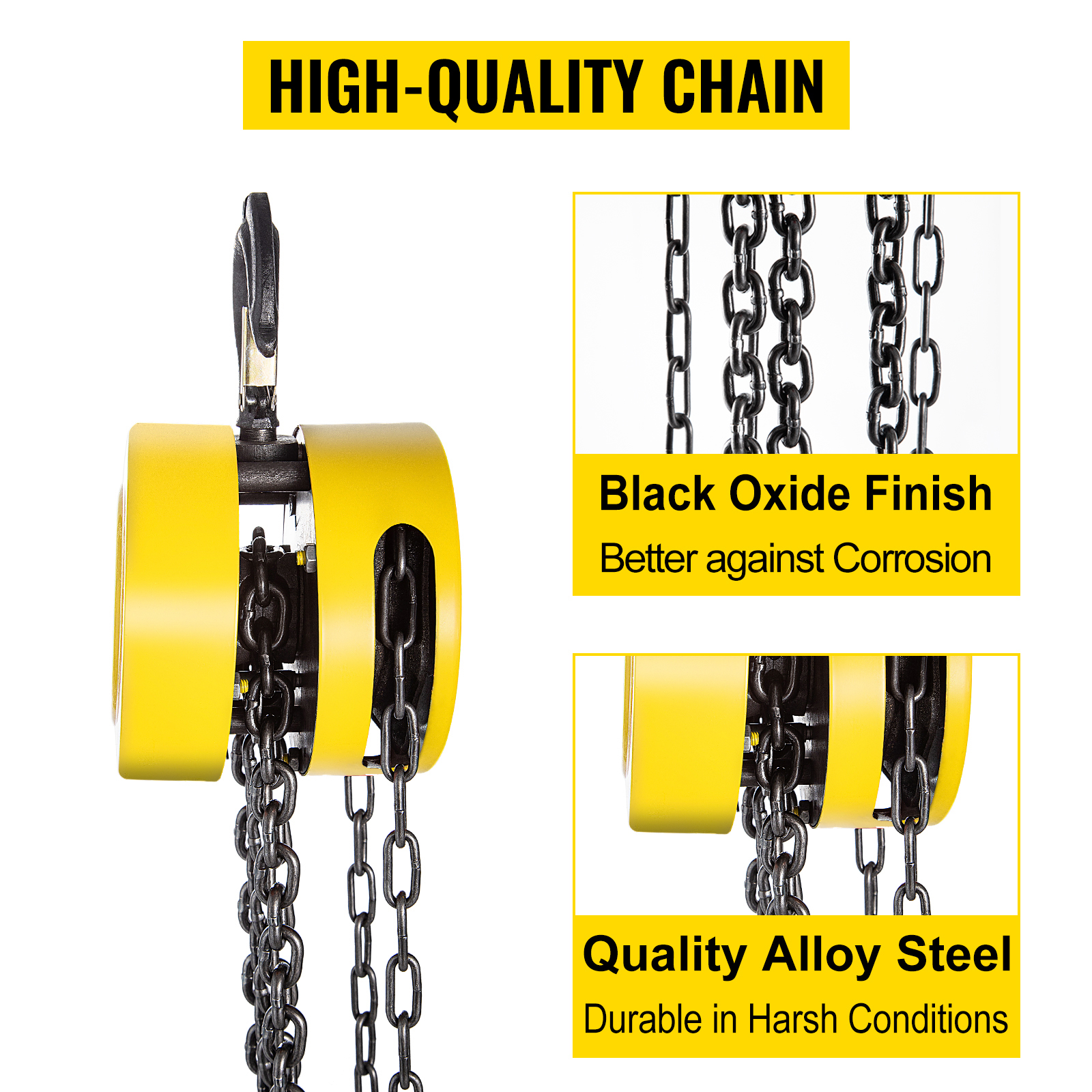 VEVOR hand chain hoist with black oxide finish and quality alloy steel for durability.