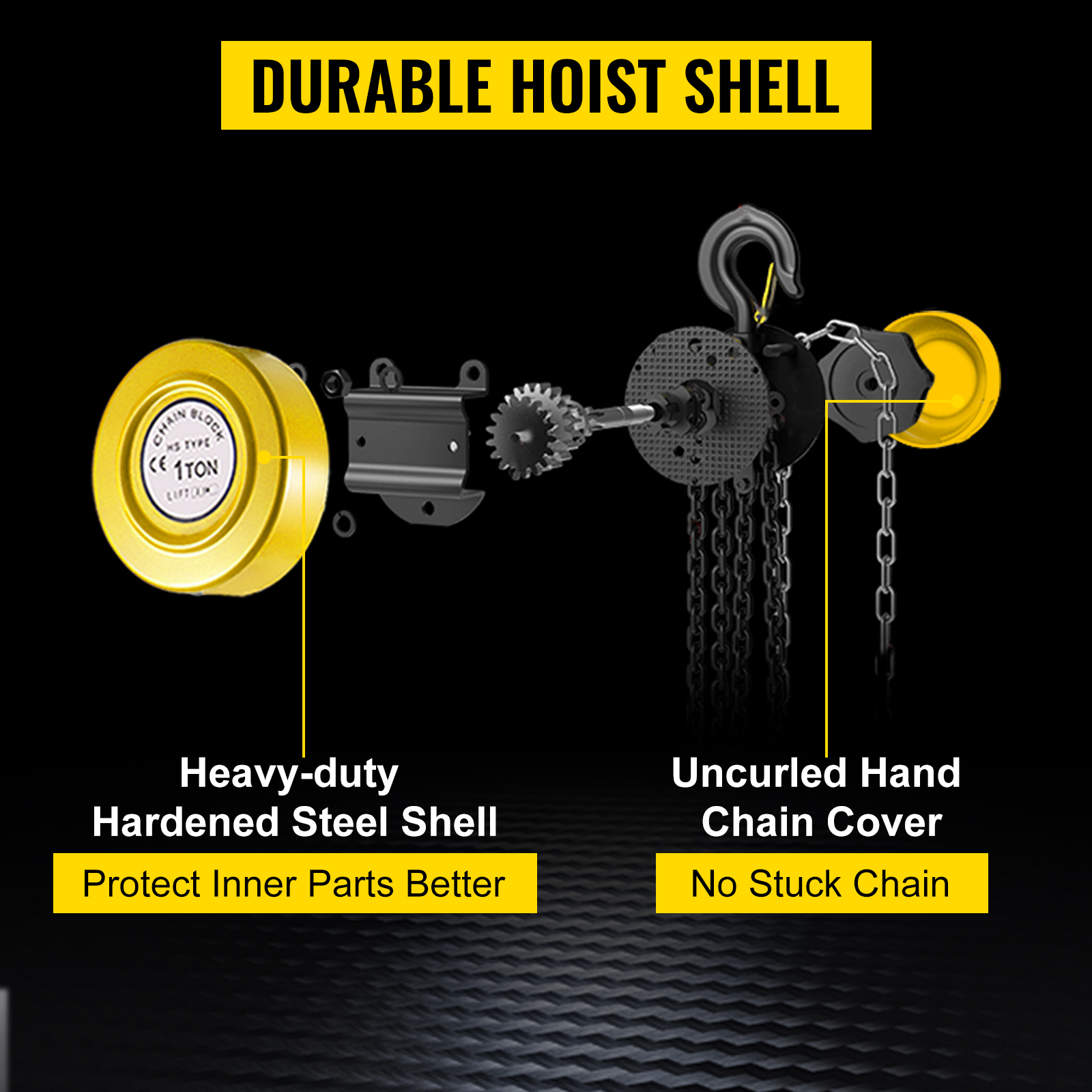 VEVOR hand chain hoist with durable hardened steel shell and uncured chain cover.
