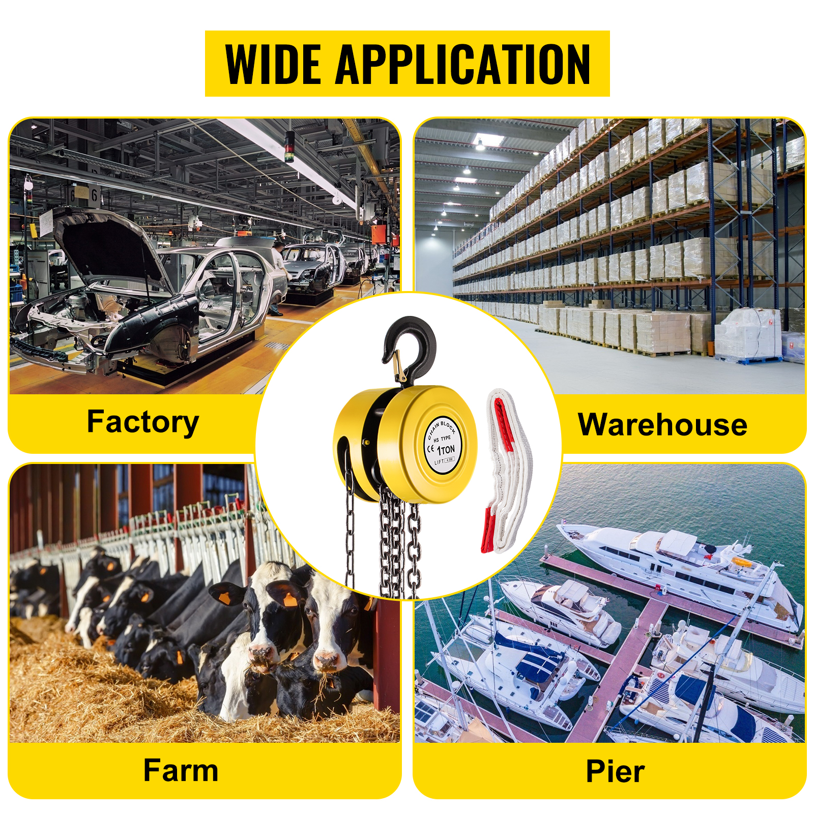 VEVOR hand chain hoist in factory, warehouse, farm, and pier settings.