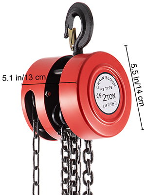 red VEVOR hand chain hoist, 2.7 ton capacity, dimensions 5.1 in/13 cm, 5.5 in/14 cm.