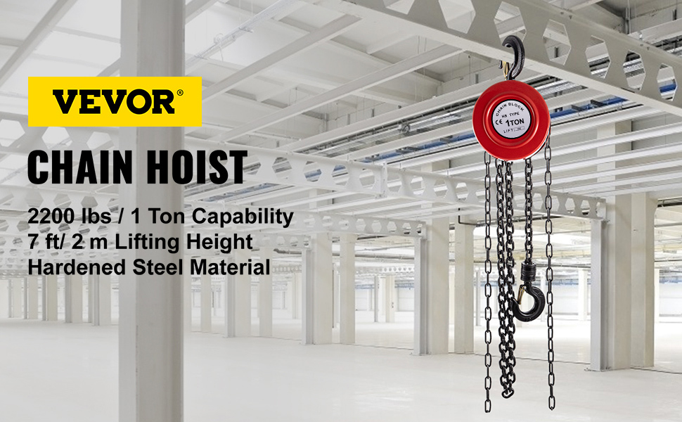 VEVOR hand chain hoist in warehouse, 2200 lbs capacity, 7 ft lifting height, steel material.
