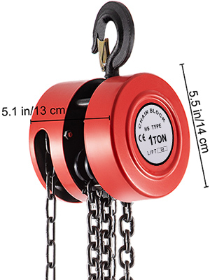 red VEVOR hand chain hoist with hook, 5.5 in height, 1-ton capacity.